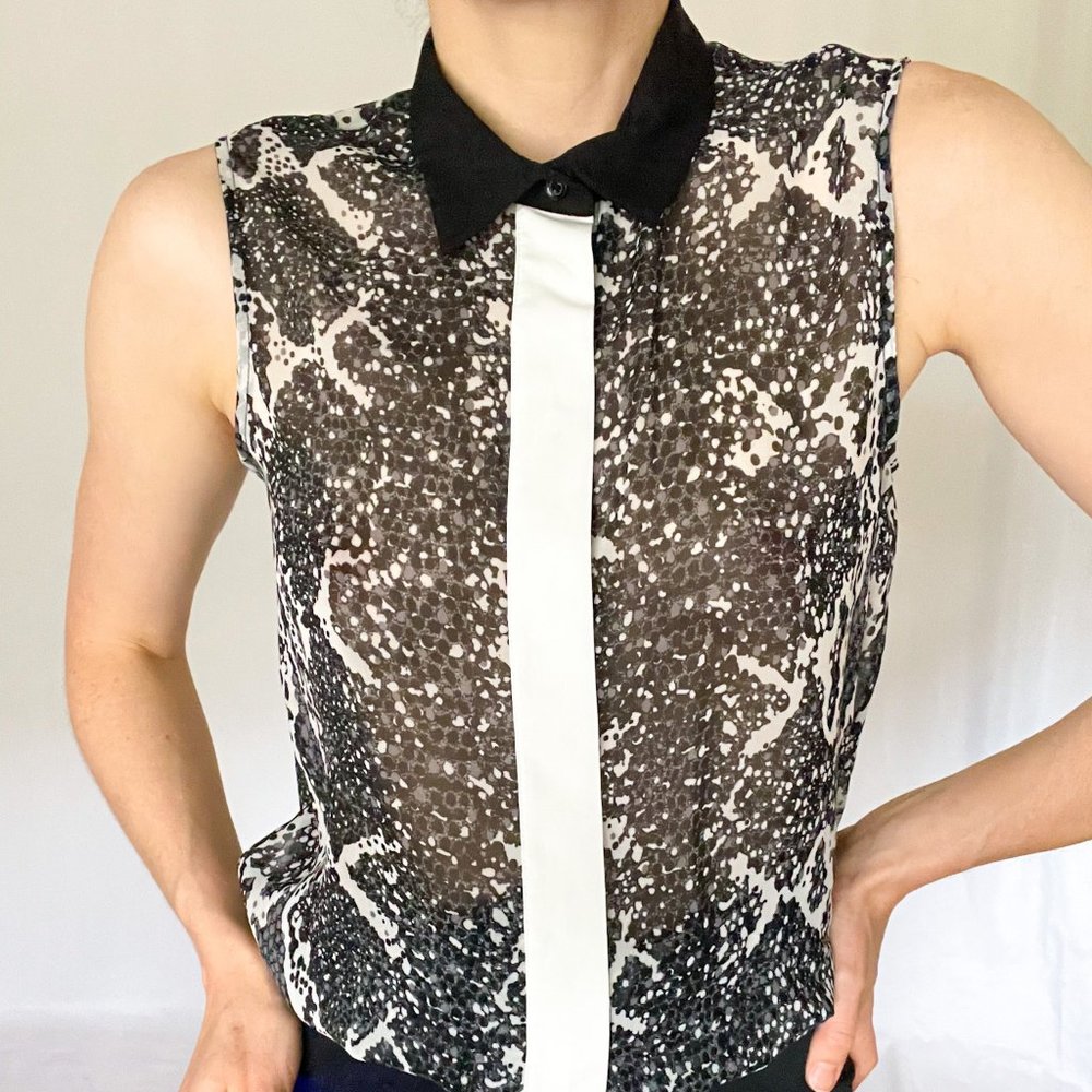 H&M White & Black Snakeskin Sheer Button Down Collar Blouse Tank